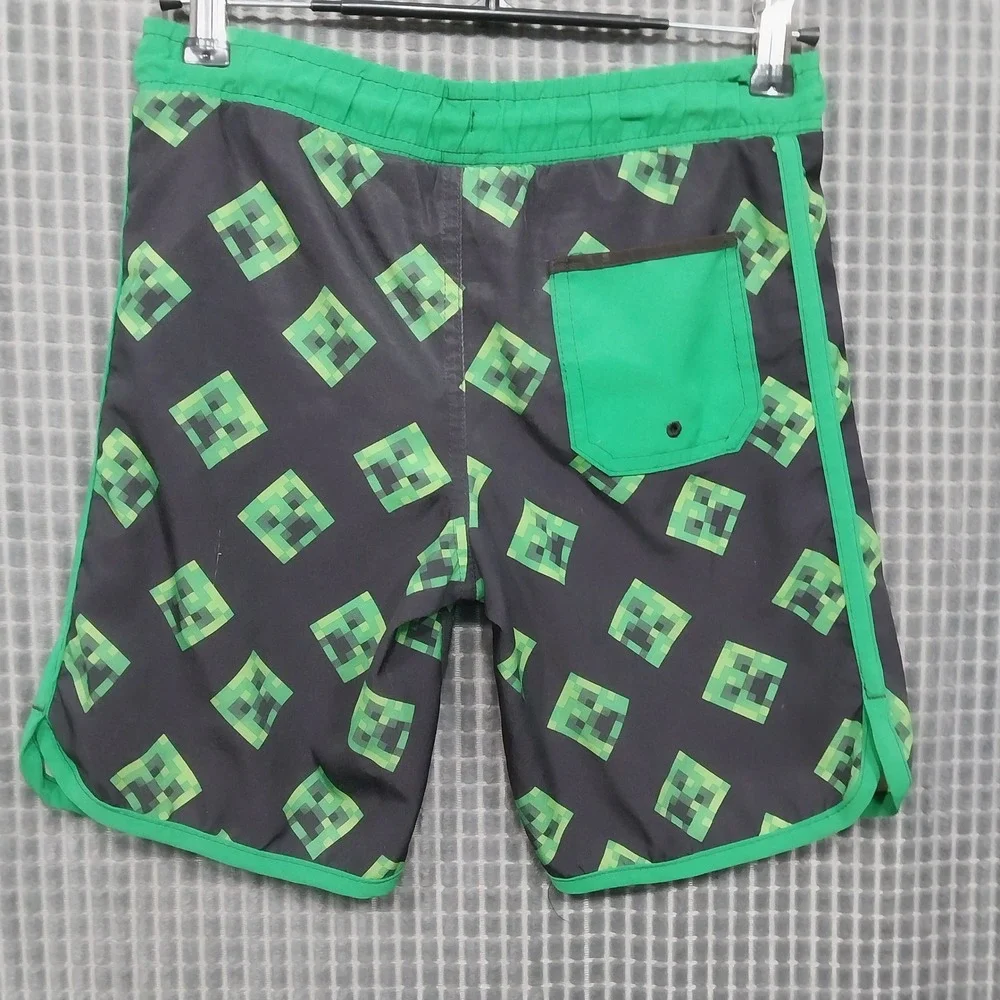 Minecraft Kids Swim Trunks Creeper Print Board Shorts 6/7 Gray Green